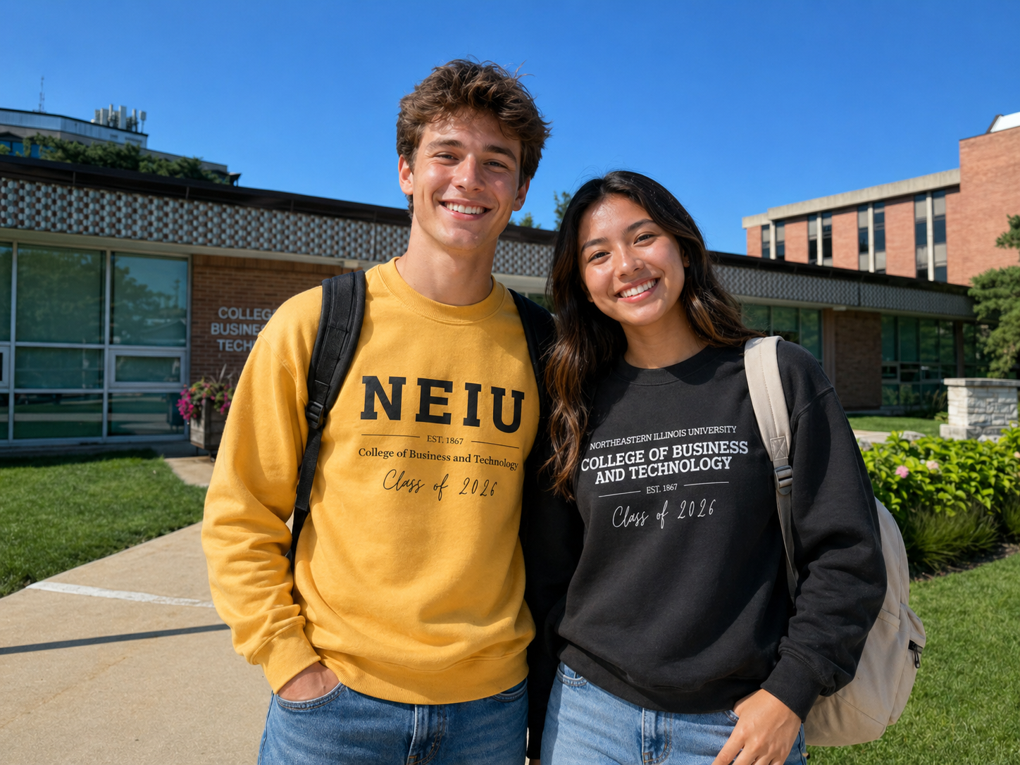 Two students wearing NEIU sweatshirts on a college campus.